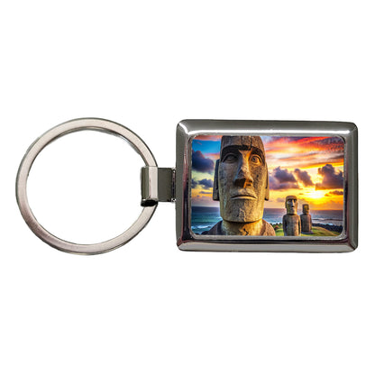 Easter Island Statues At Sunset Watercolor Rectangle Metal Keychain