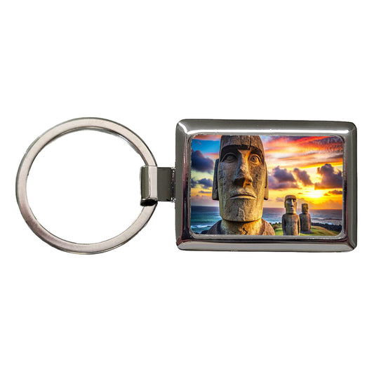 Easter Island Statues At Sunset Watercolor Rectangle Metal Keychain