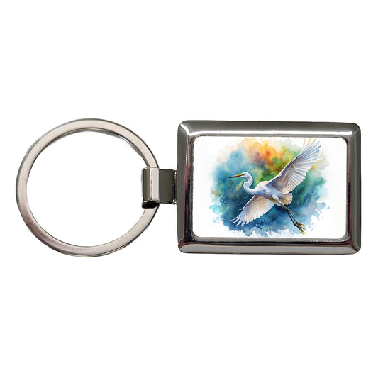 Egret In Flight Watercolor Rectangle Metal Keychain