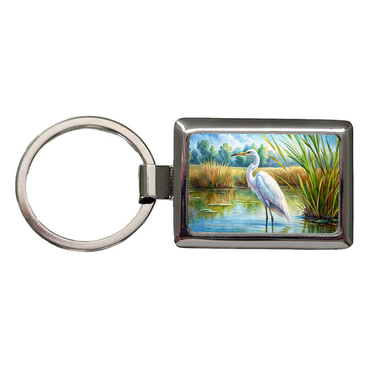 Egret Standing In Marshes Watercolor Rectangle Metal Keychain