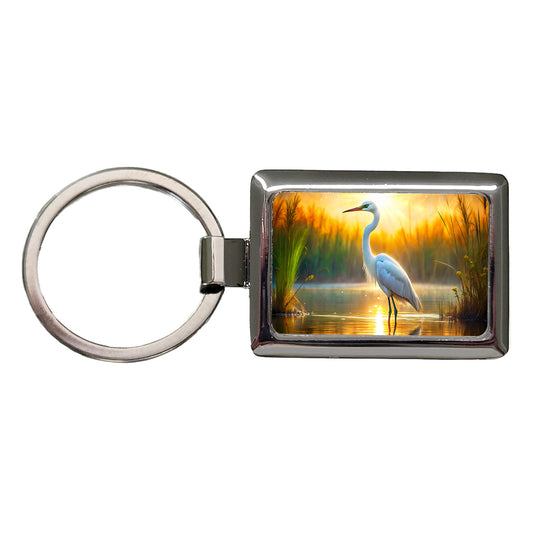 Egret Standing In Pond Backlit By The Sun Watercolor Rectangle Metal Keychain