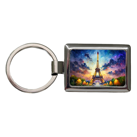 Eiffel Tower At Night Watercolor Rectangle Metal Keychain