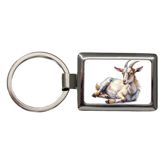 Fainting Goat Lying On Its Side Watercolor Rectangle Metal Keychain