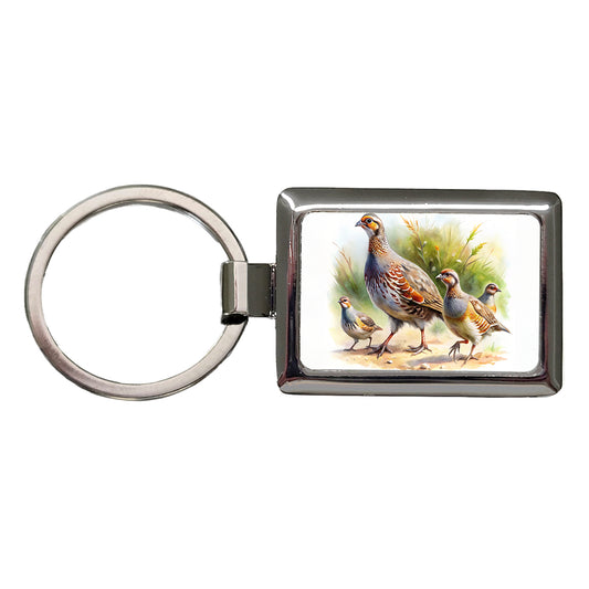 Family Of Partridges Running Watercolor Rectangle Metal Keychain
