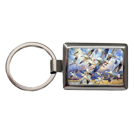 Flock Of Snow Geese In Flight Watercolor Rectangle Metal Keychain
