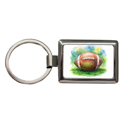 Football Ball On Field Watercolor Rectangle Metal Keychain