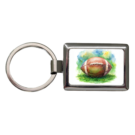 Football Ball On Field Watercolor Rectangle Metal Keychain