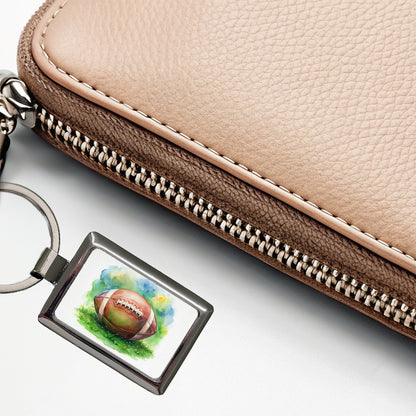 Football Ball On Field Watercolor Rectangle Metal Keychain