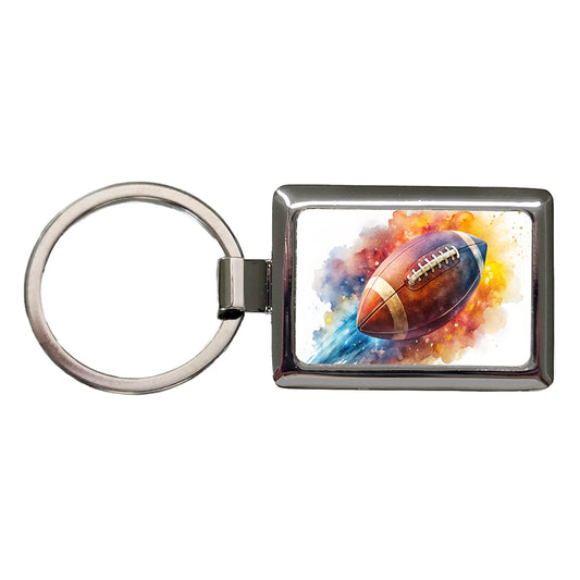 Football Rocketing Through The Air Watercolor Rectangle Metal Keychain