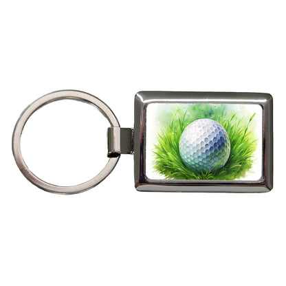 Golf Ball On Grass Watercolor Rectangle Metal Keychain
