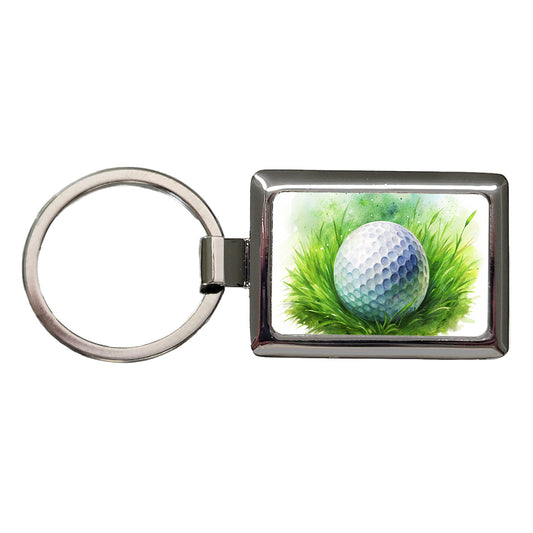 Golf Ball On Grass Watercolor Rectangle Metal Keychain