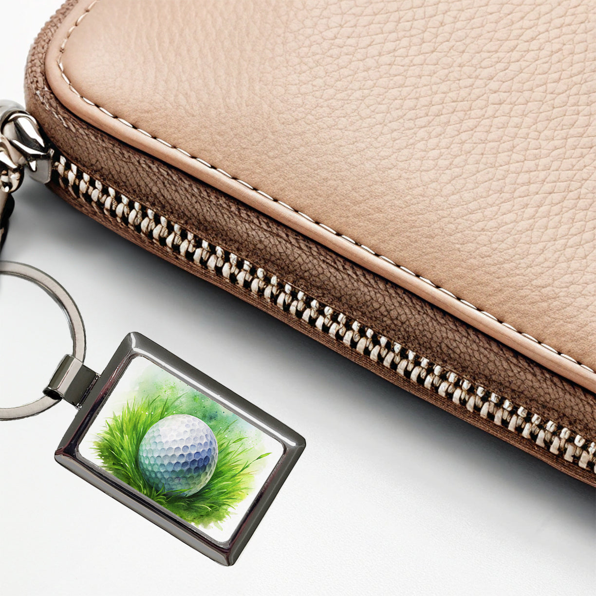 Golf Ball On Grass Watercolor Rectangle Metal Keychain
