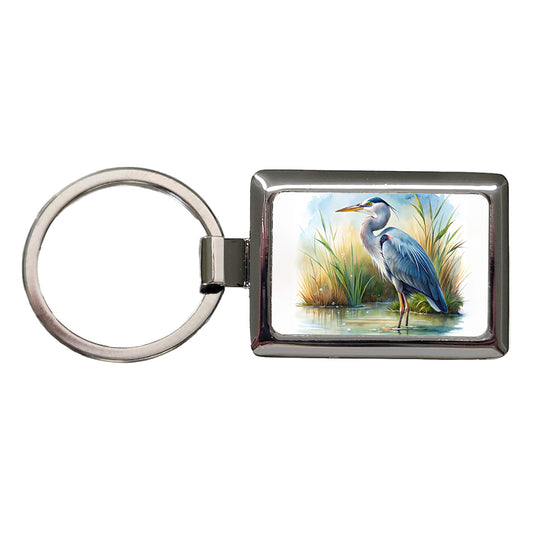Great Blue Heron Standing In Marsh Pond Watercolor Rectangle Metal Keychain