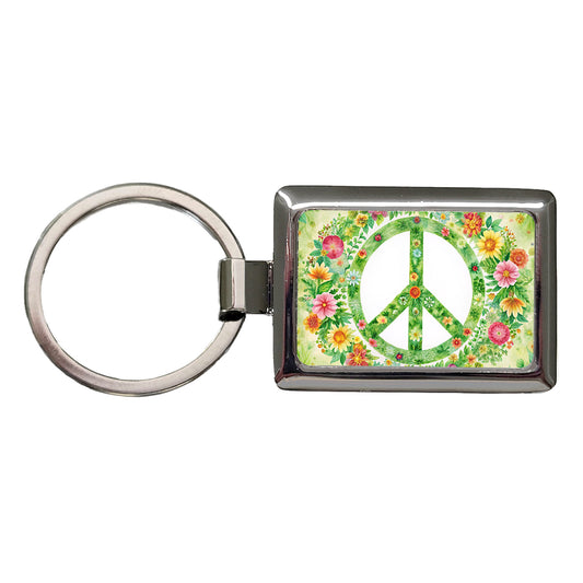 Green Peace Symbol Hippie Floral Watercolor Rectangle Metal Keychain