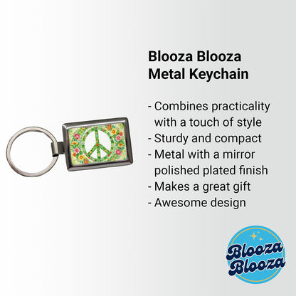 Green Peace Symbol Hippie Floral Watercolor Rectangle Metal Keychain