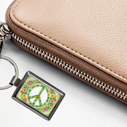 Green Peace Symbol Hippie Floral Watercolor Rectangle Metal Keychain