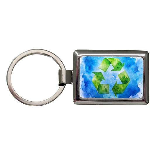 Green Recycle Symbol On A Blue Background Watercolor Rectangle Metal Keychain