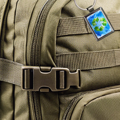 Green Recycle Symbol On A Blue Background Watercolor Rectangle Metal Keychain