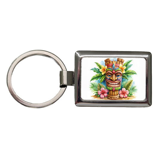 Hawaiian Tiki Statue Watercolor Rectangle Metal Keychain