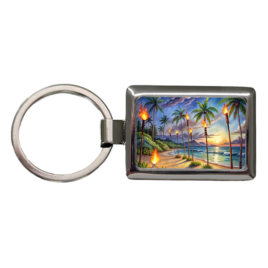 Hawaiian Tropical Beach Scene At Night Lit With Tiki Torches Rectangle Metal Keychain