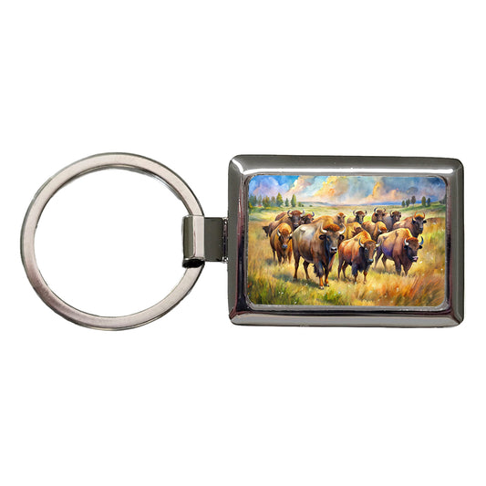 Herd Of Buffalo Bison On The Prairie Watercolor Rectangle Metal Keychain