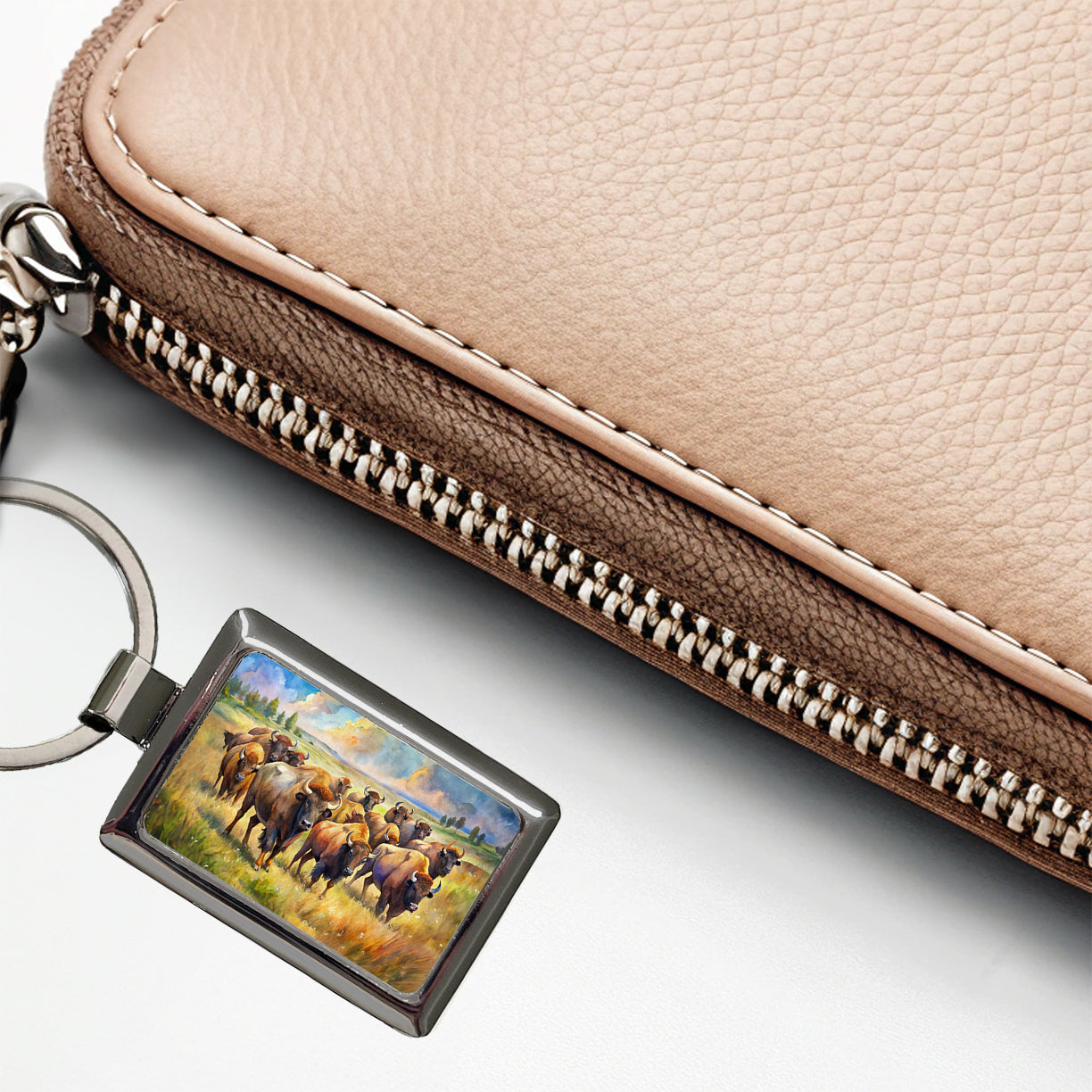 Herd Of Buffalo Bison On The Prairie Watercolor Rectangle Metal Keychain