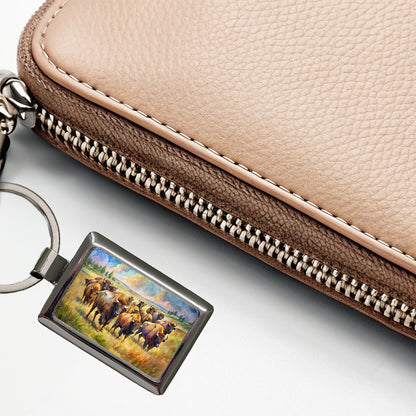 Herd Of Buffalo Bison On The Prairie Watercolor Rectangle Metal Keychain