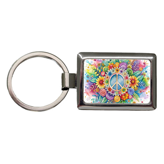 Hippie Peace Symbol Watercolor Rectangle Metal Keychain