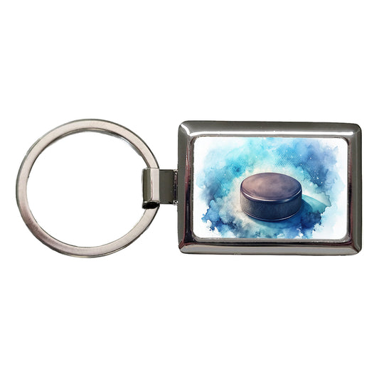 Hockey Puck On Ice Watercolor Rectangle Metal Keychain