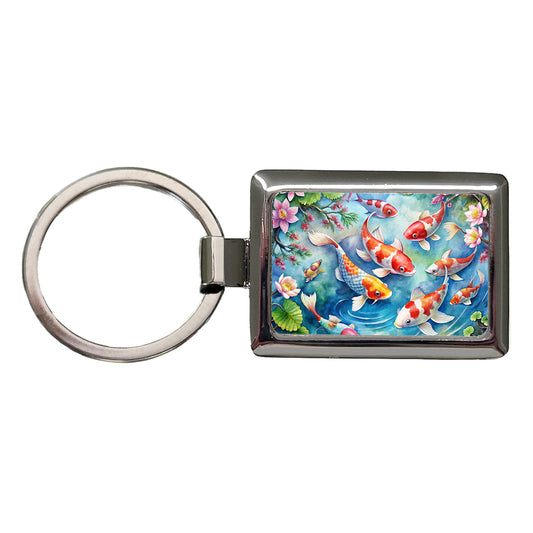 Japanese Koi Pond Scene Watercolor Rectangle Metal Keychain