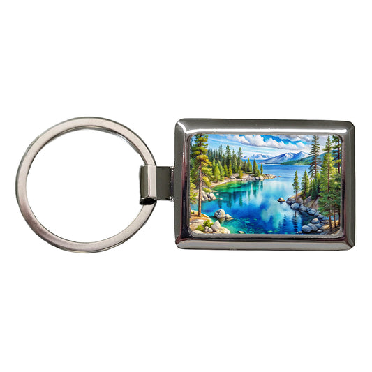Lake Tahoe California Watercolor Rectangle Metal Keychain