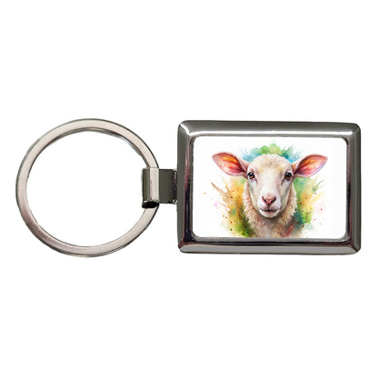 Lamb Face Watercolor Rectangle Metal Keychain