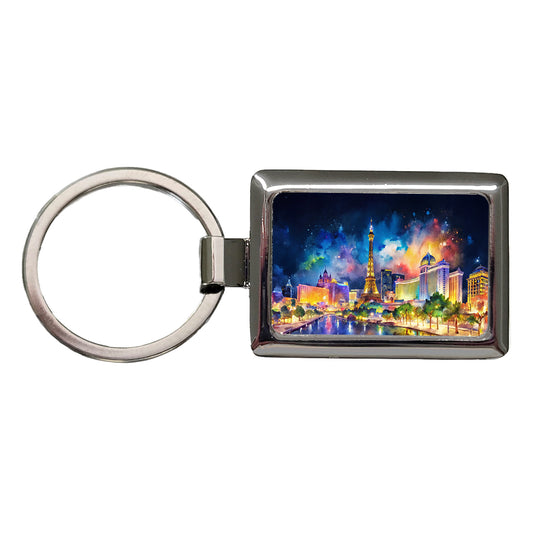 Las Vegas Strip At Night Watercolor Rectangle Metal Keychain