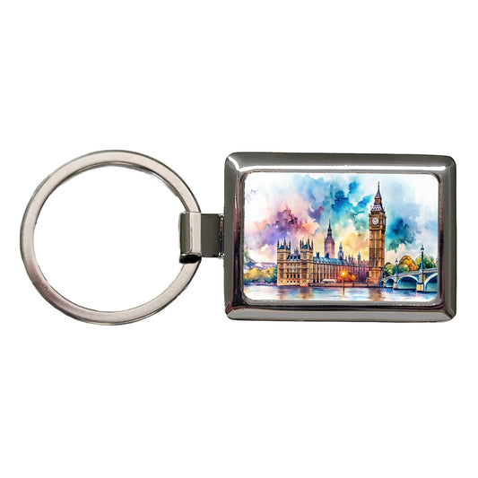 London Big Ben Scene Watercolor Rectangle Metal Keychain