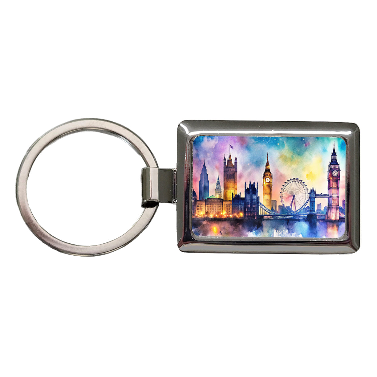 London Skyline At Night Scene Watercolor Rectangle Metal Keychain