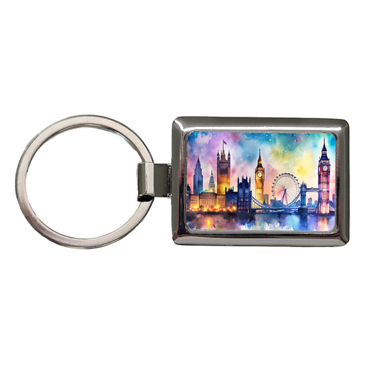 London Skyline At Night Scene Watercolor Rectangle Metal Keychain