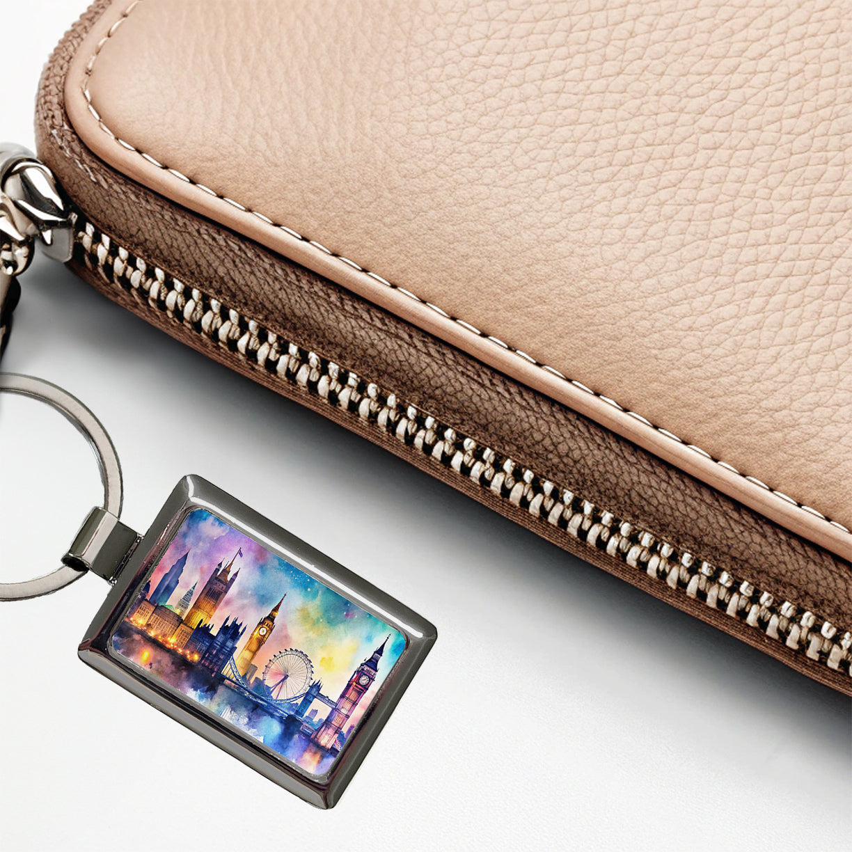 London Skyline At Night Scene Watercolor Rectangle Metal Keychain