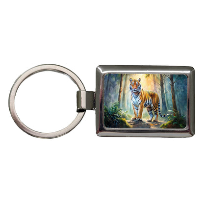 Majestic Tiger Standing In Forest Watercolor Rectangle Metal Keychain