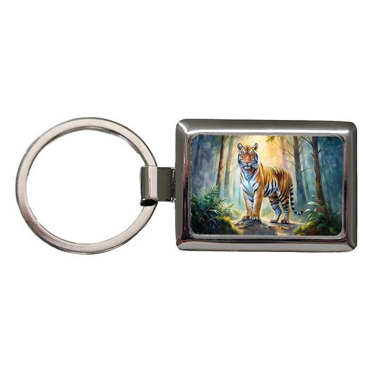 Majestic Tiger Standing In Forest Watercolor Rectangle Metal Keychain