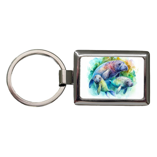 Manatees Family Watercolor Rectangle Metal Keychain