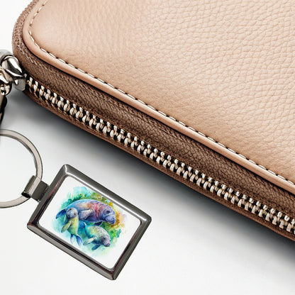 Manatees Family Watercolor Rectangle Metal Keychain