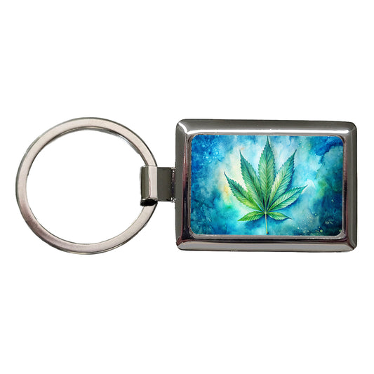 Marijuana Leaf on Blue Background Watercolor Rectangle Metal Keychain