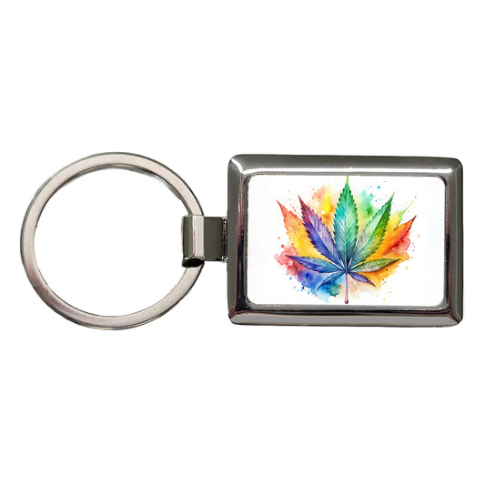 Marijuana Leaf Rainbow Watercolor Rectangle Metal Keychain