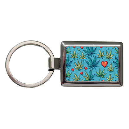 Marijuana Leaves And Hearts Blue Background Rectangle Metal Keychain