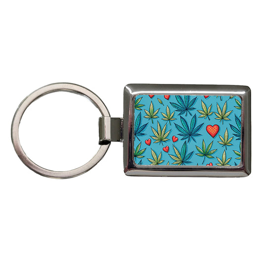 Marijuana Leaves And Hearts Blue Background Rectangle Metal Keychain