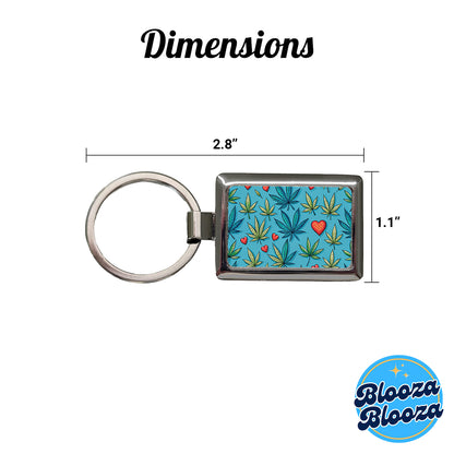 Marijuana Leaves And Hearts Blue Background Rectangle Metal Keychain