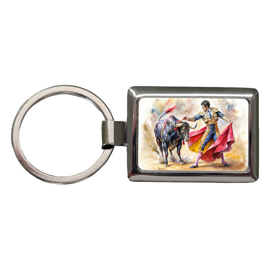 Matador And Bull Fighting In Ring Watercolor Rectangle Metal Keychain