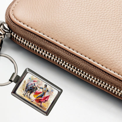 Matador And Bull Fighting In Ring Watercolor Rectangle Metal Keychain
