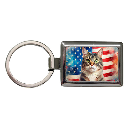 Patriotic Cat Watercolor American Flag Background Rectangle Metal Keychain