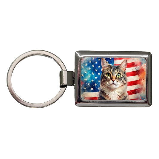 Patriotic Cat Watercolor American Flag Background Rectangle Metal Keychain